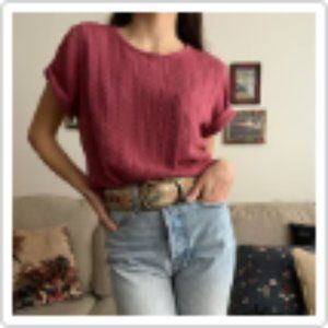 Pink Short-Sleeve Cable Knit Sweater